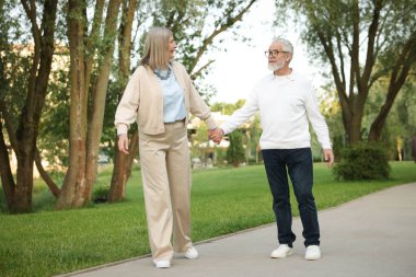 Parkta birlikte yürüyen sevimli yaşlı çift.