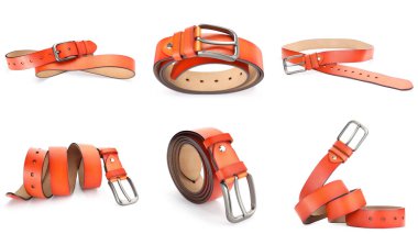 Beyaz arka planda parlak deri kemer, kolaj