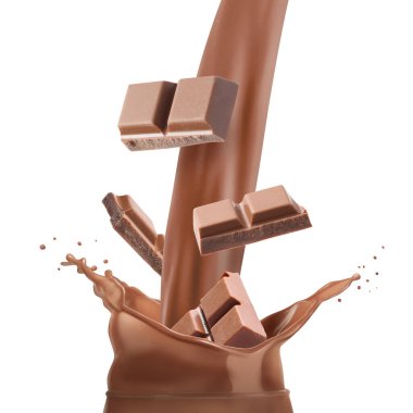 Çikolatalı süt ve uçan çikolata parçaları beyaz arka plana dökülüyor.