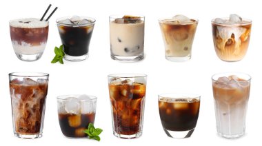 Farklı soğuk kahve içecekler. Beyaza izole edilmiş, ayarlanmış.