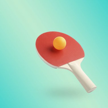 Ping pong raketi ve top havada turkuaz gradyan arka planda