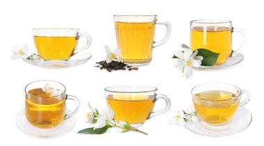 Lezzetli yasemin çayı ve beyaz arka planda taze çiçekler, kolaj.