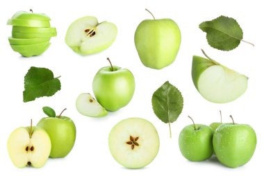 Taze yeşil elma meyveleri ve beyaz yapraklar, kolaj