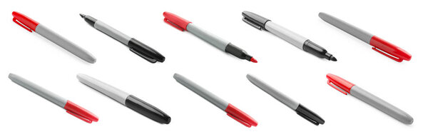 Черные и красные маркеры изолированы на белом, коллаж