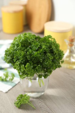 İçerideki masada kavanozda taze maydanoz.