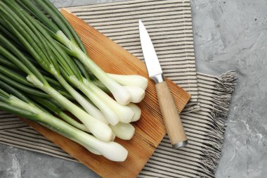 Taze taze yeşil soğanlar kesme tahtası ve bıçakla gri desenli masa, düz yatıyordu.