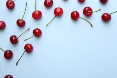 Hafif arka planda taze kirazlar, düz yatış. Metin için boşluk