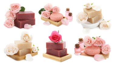 Güllü sabunlar ve beyaza izole edilmiş gerekli yağ, kolaj