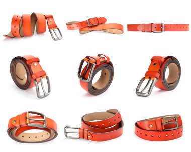 Beyaz arka planda parlak deri kemer, kolaj