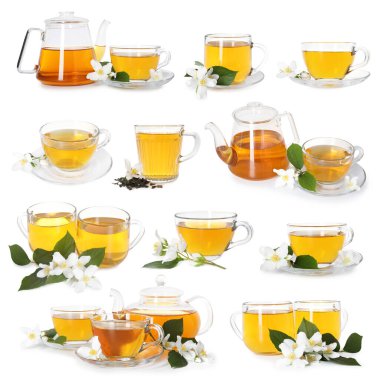 Beyaz arka planda taze mayalanmış yasemin çayı ve çiçekler, kolaj.