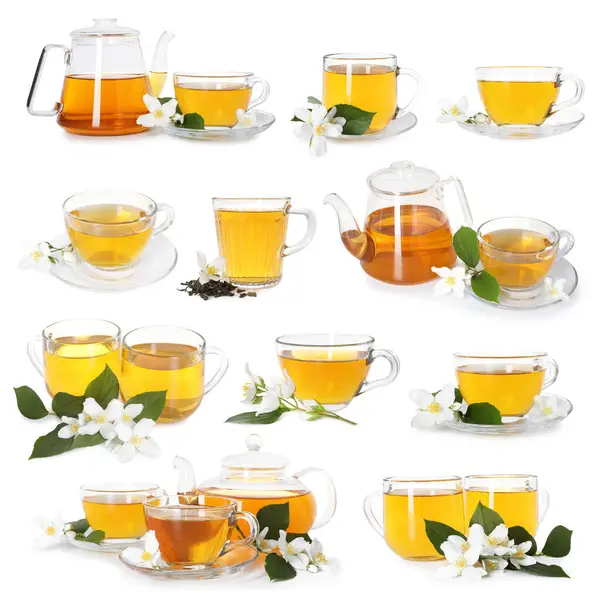 Beyaz arka planda taze mayalanmış yasemin çayı ve çiçekler, kolaj.