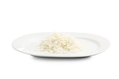 Beyaz üzerine izole edilmiş pişmiş pirinç tabağı.