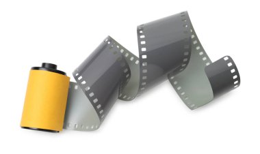 Fotoğraflı film rulosu beyaz, üst görünümde izole