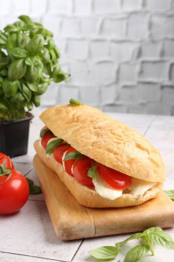 Mozarella peynirli, domatesli ve fesleğenli lezzetli sandviç gri desenli duvara karşı, yakın plan.