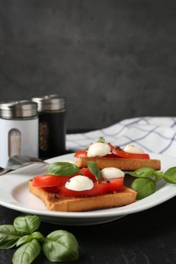 Mozarella peynirli, domatesli ve fesleğenli lezzetli sandviçler. Koyu dokulu masa, gri arka plan, yakın plan.