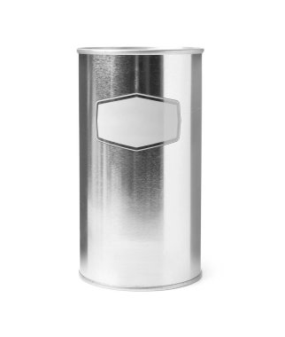 Bir metal kahve kutusu beyaz üzerine izole edilmiş.