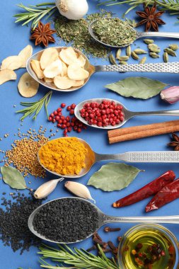 Mavi arka planda farklı aromatik baharatlar ve yağ var.