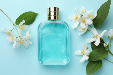 Bir şişe parfüm, güzel yasemin çiçekleri ve açık mavi arka planda yeşil yapraklar.