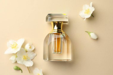 Bir şişe parfüm ve güzel yasemin çiçekleri bej arka planda, düz yerde