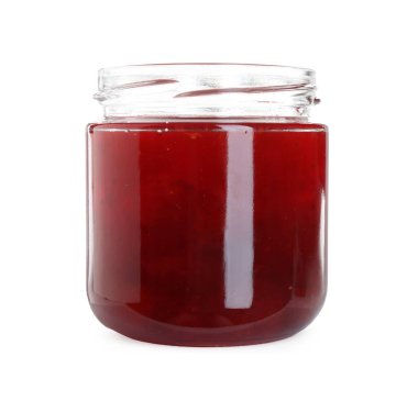 Açık kavanozdaki lezzetli çilek reçeli beyaza izole edilmiş.