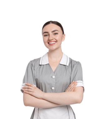 Beyaz arka planda mutlu oda hizmetçisinin portresi