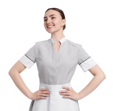 Beyaz arka planda mutlu oda hizmetçisinin portresi