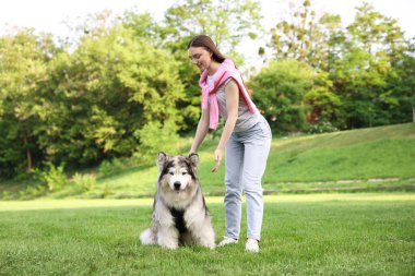 Yeşil çimlerin üzerinde sevimli Alaska köpeğiyle gülümseyen kadın.