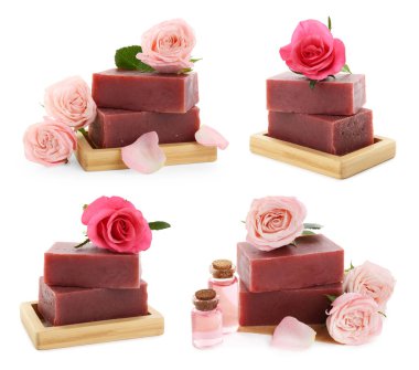 Güllü sabunlar ve beyaza izole edilmiş gerekli yağ, kolaj