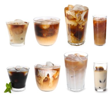 Farklı soğuk kahve içecekler. Beyaza izole edilmiş, ayarlanmış.