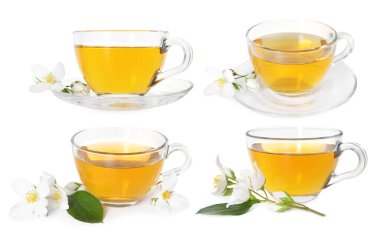 Beyaz arka planda taze mayalanmış yasemin çayı ve çiçekler, kolaj.