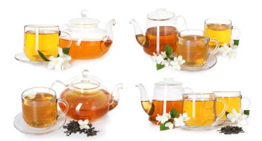 Beyaz arka planda taze mayalanmış yasemin çayı ve çiçekler, kolaj.