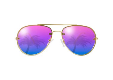 Parlak güneş gözlüğü. Beyaz arka planda, lenslerde avuç içi yansıması var.