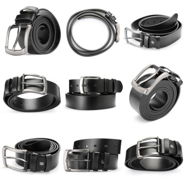 Beyaz arka planda siyah deri kemer, kolaj.