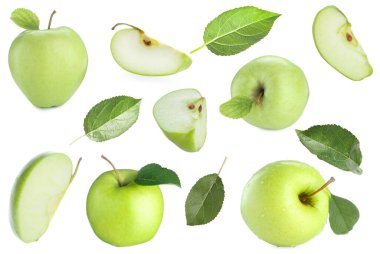 Taze yeşil elma meyveleri ve beyaz yapraklar, kolaj