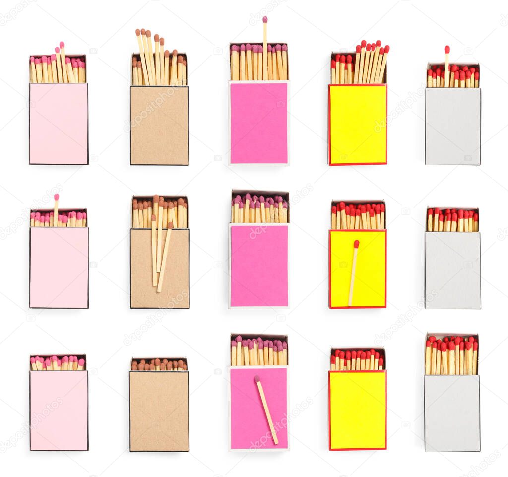 Cardboard boxes with matches on white background, top view. Set