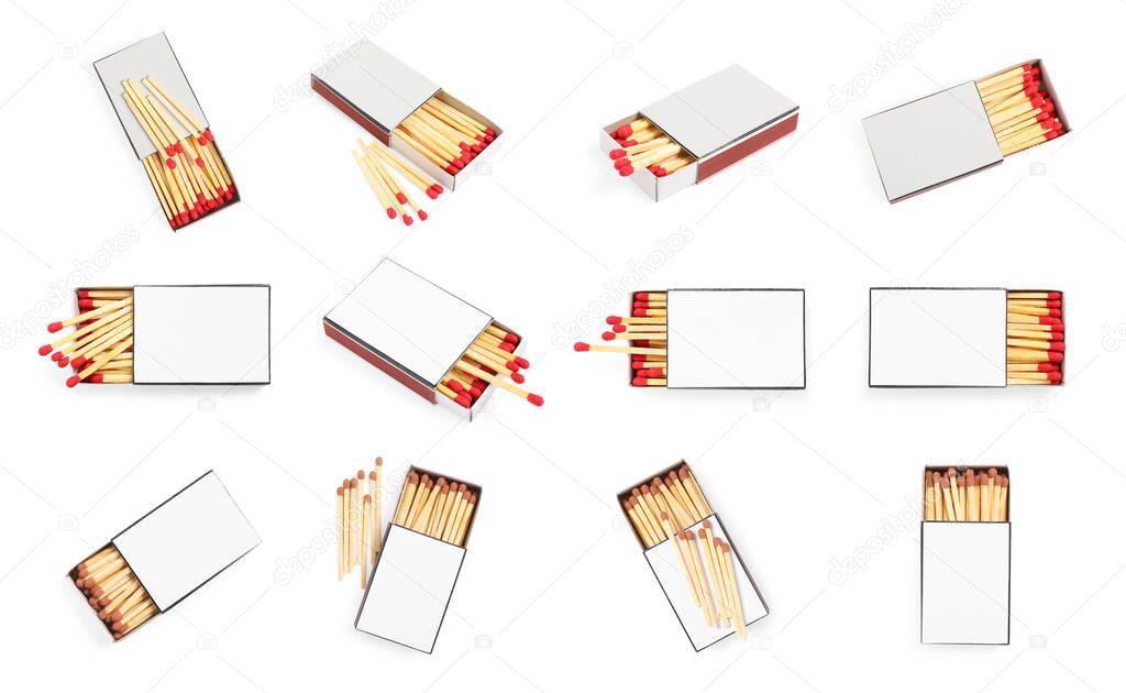 Cardboard boxes with matches on white background, set