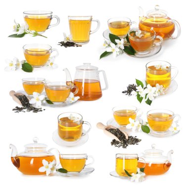 Beyaz arka planda taze mayalanmış yasemin çayı ve çiçekler, kolaj.