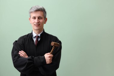 Yeşil arka planda çekiçle gülümseyen yargıç. Metin için boşluk