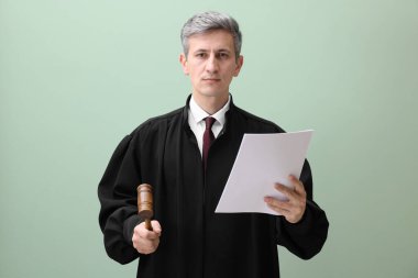 Yeşil arkaplan üzerine çekiç ve belge ile hakim