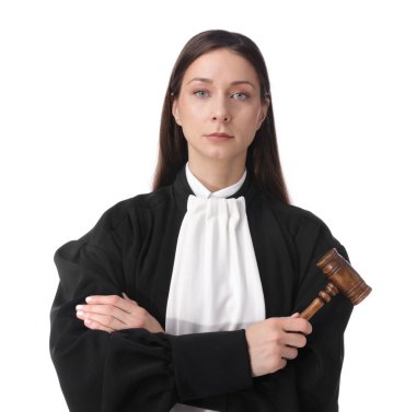 Beyaz arka planda çekiçle yargıç portresi