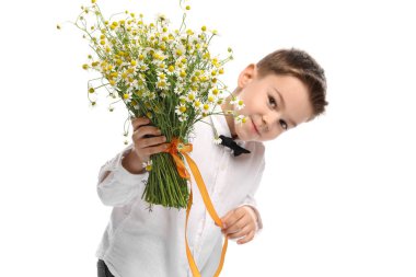 Beyaz arka planda bir buket güzel papatya çiçeğiyle sevimli küçük bir çocuk.