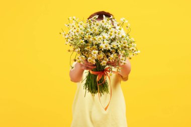 Sarı arka planda güzel papatya çiçeklerinin arkasına saklanan küçük çocuk.