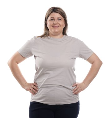 Kilo kaybı. Artı beyaz arka planda boy kadın.