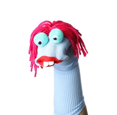 Beyaz saçlı, komik çorap kuklası.