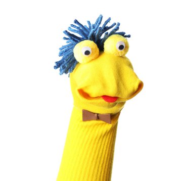 Beyaz saçlı, komik çorap kuklası.