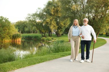 Güzel yaşlı çift göl kenarında birlikte yürüyor, parkta, mesaj için yer var.