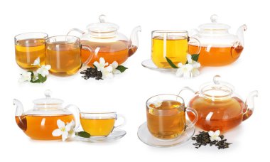 Lezzetli yasemin çayı ve beyaz arka planda taze çiçekler, kolaj.