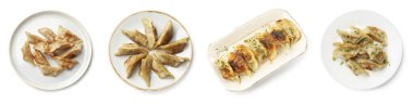 Beyaz arka planda lezzetli kızarmış gyoza (hamur tatlısı), kolaj. Üst görünüm