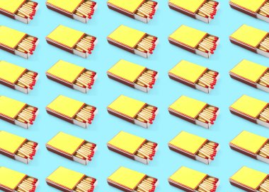 Açık mavi arkaplanda kibritleri olan karton kutu, desen tasarımı