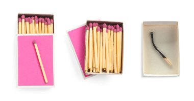 Beyaz arka planda kibritler olan karton kutu, kolaj. Üst görünüm